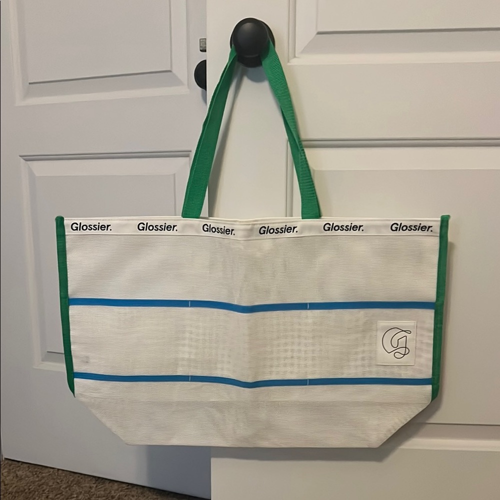 Glossier White Tote with Green and Blue Accents